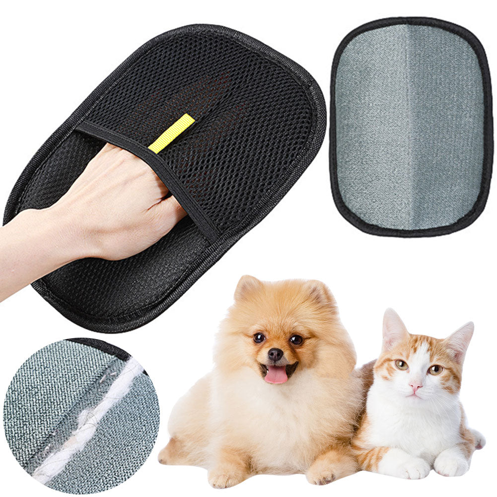 Single reusable black pet hair mitt with front and reverse views